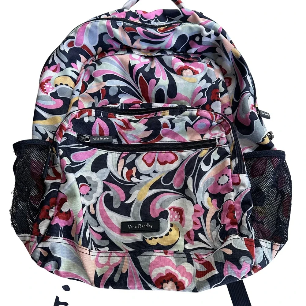 Vera Bradley‎ Floral Paisley Canvas Backpack Pink Navy Grey Multi-Compartment
